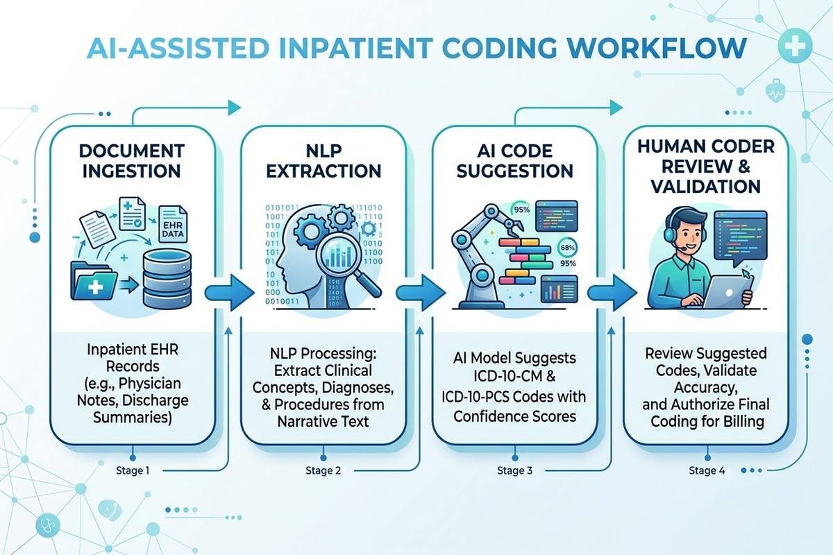 AI-assisted inpatient coding workflow: document ingestion, NLP extraction, AI code suggestion, human review.